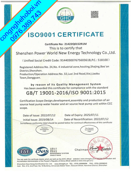 Chứng chỉ máy nước nóng cho hồ bơi