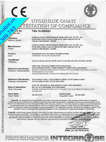 Chứng Chỉ Chất Lượng Máy ĐIện Phân Muối Gemas